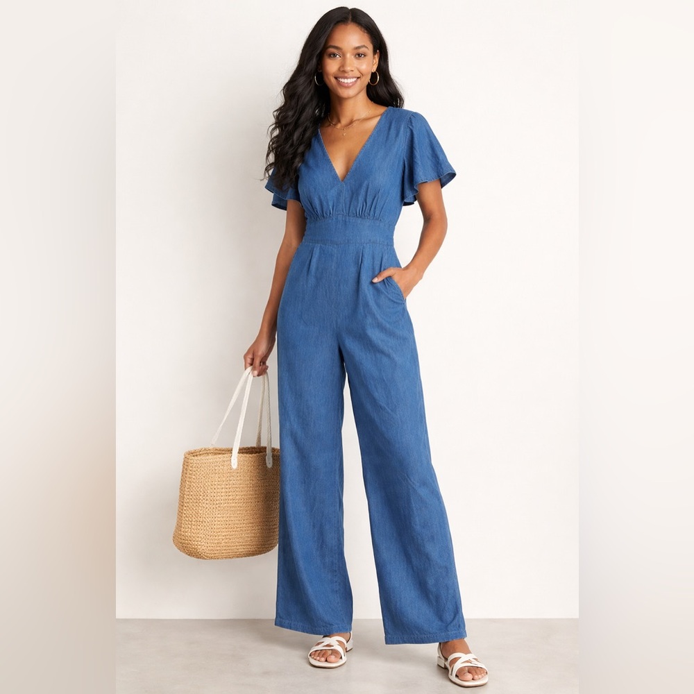 Old Navy Denim Jumpsuit Women’s M Tall Wide Leg V-Neck Flutter Sleeve Casual